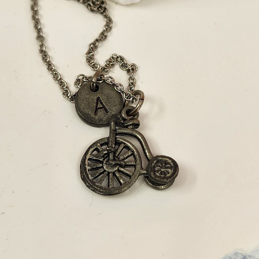 Initial A Penny Farthing Bicycle Charm Necklace Silver Tone Vintage Cyclist Gift